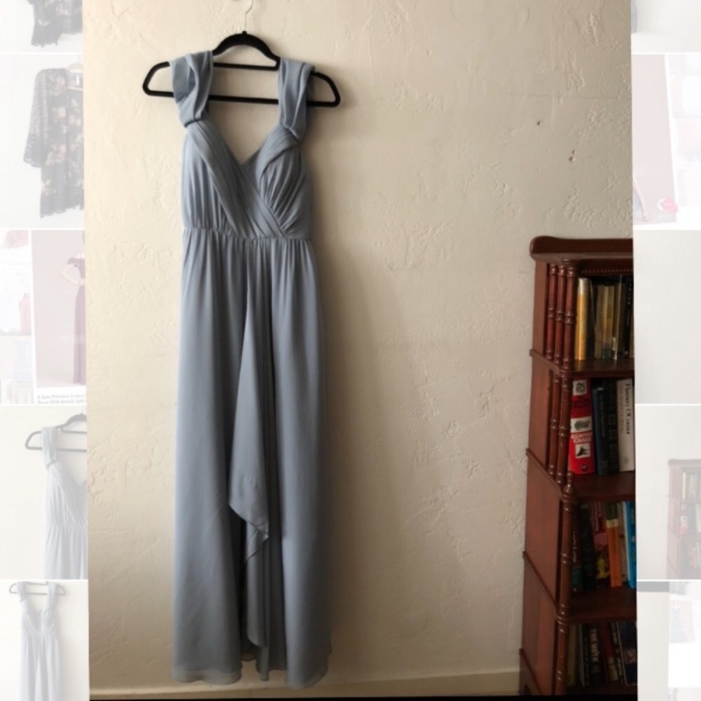 Dusty blue bridesmaid dress chiffon cold shoulder